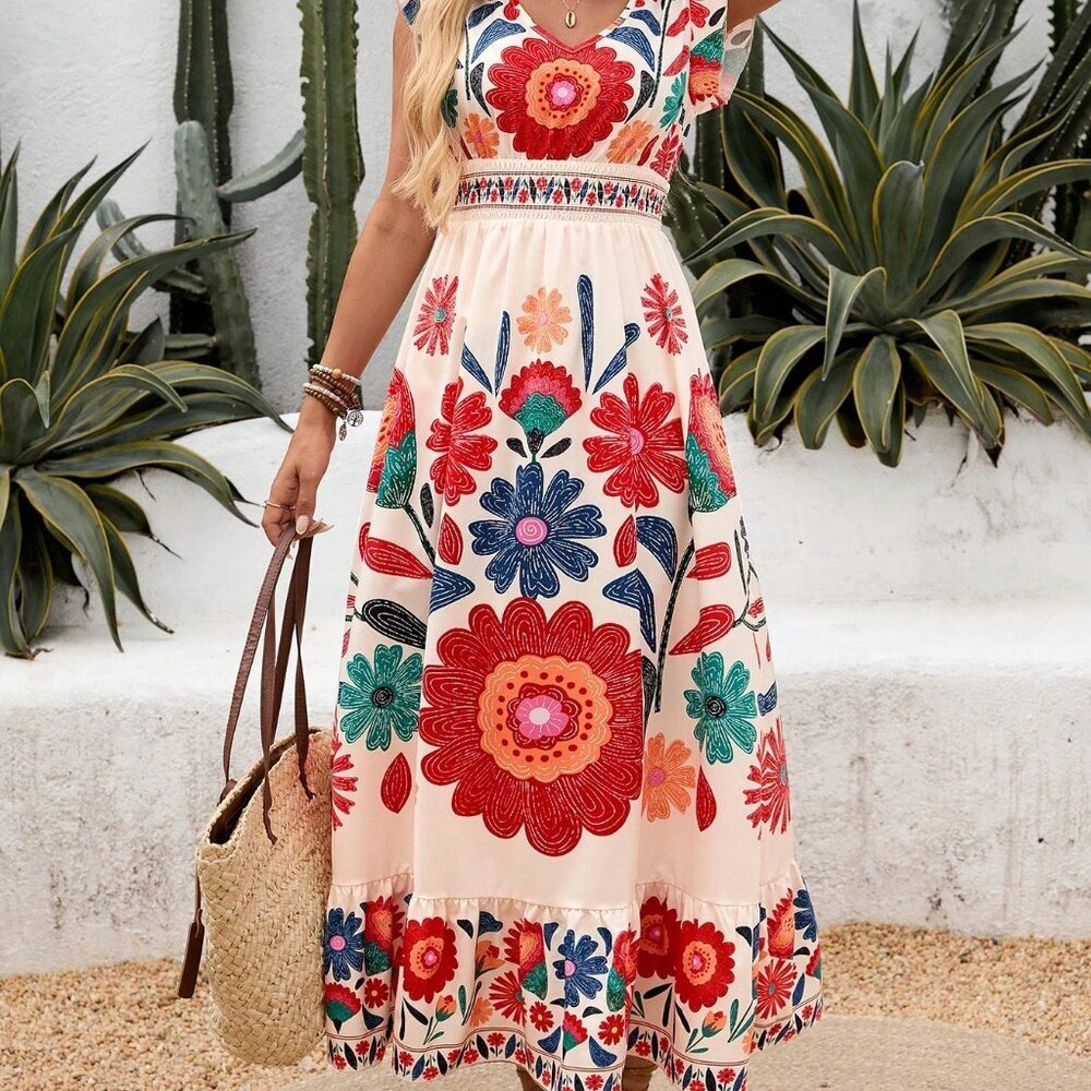 Multicolor Bohemian Women's Casual Lightweight V-Neck Floral Print Maxi Dress - Picture 10 of 10